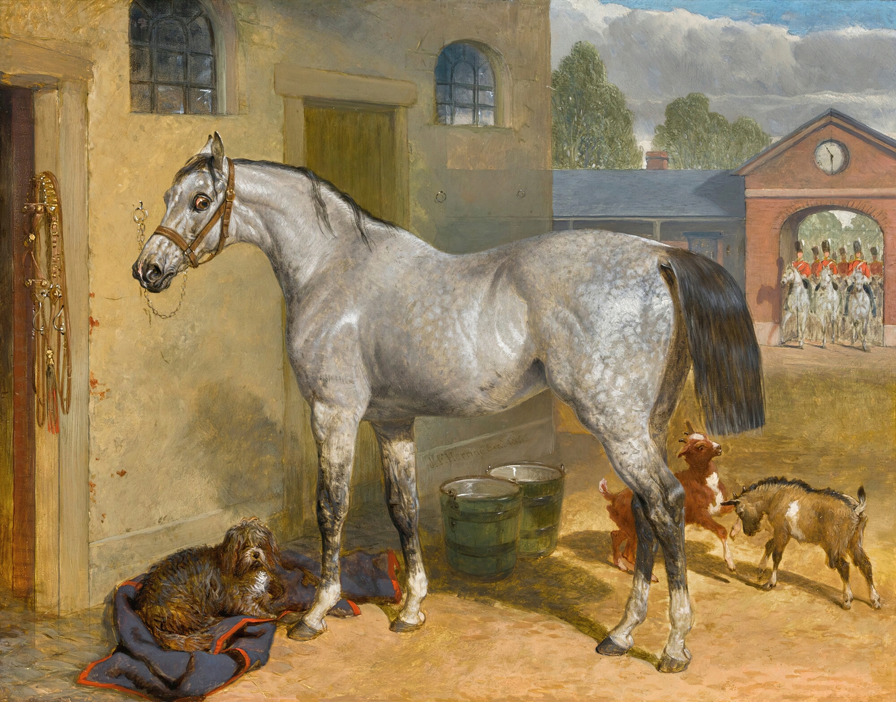 One Of The Scots Greys In A Yard With Dog And Goats by John Frederick Herring Snr.