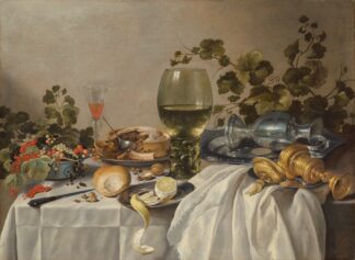 Ontbijt of silver and glassware on a draped table, with vines, fruits and baked goods by Pieter Claesz
