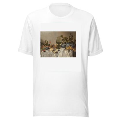 Ontbijt of silver and glassware on a draped table, with vines, fruits and baked goods by Pieter Claesz T-Shirt