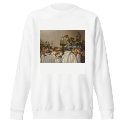 Ontbijt of silver and glassware on a draped table, with vines, fruits and baked goods by Pieter Claesz Sweatshirt
