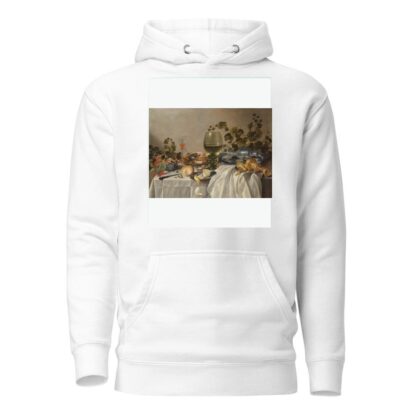 Ontbijt of silver and glassware on a draped table, with vines, fruits and baked goods by Pieter Claesz Hoodie