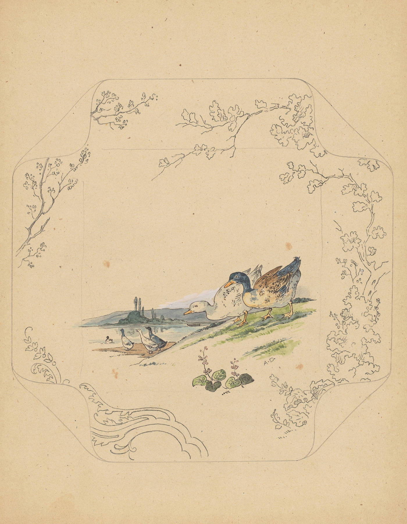 Ontwerp voor bord van het model ‘Square’ met zes ganzen by Albert Louis Dammouse