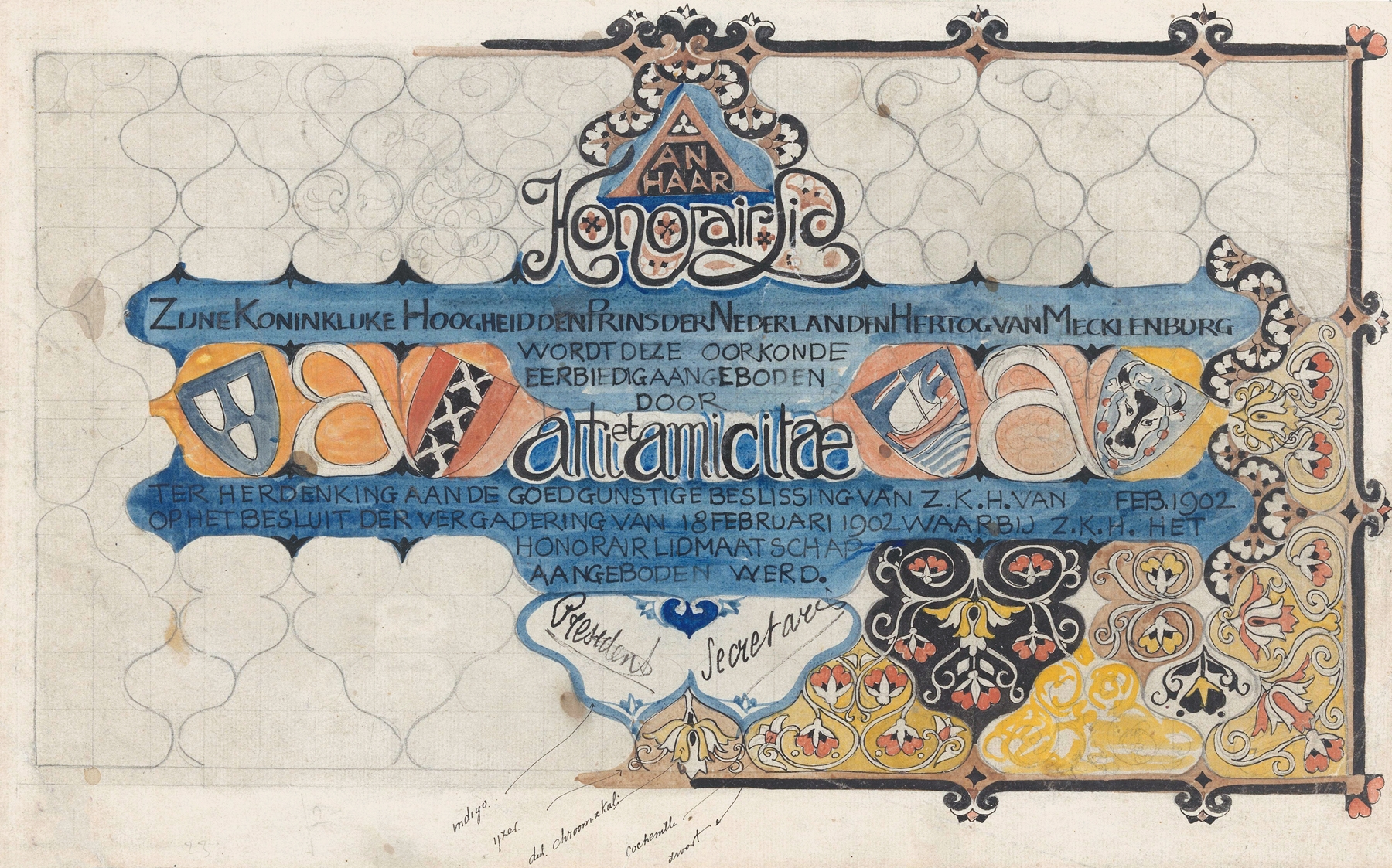 Ontwerp voor een oorkonde van Arti en Amicitiae voor Prins Hendrik, bij zijn erelidmaatschap in 1902 by Carel Adolph Lion Cachet