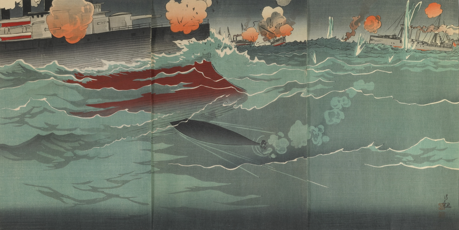 Our Torpedo Hitting a Russian Warship at the Great Naval Battle of Port Arthur by Kobayashi Kiyochika