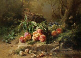 Pêches et panier de raisin dans un sous-bois by Gustave-Emile Couder