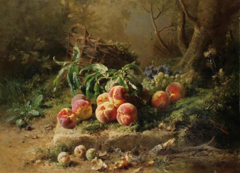 Pêches et panier de raisin dans un sous-bois by Gustave-Emile Couder