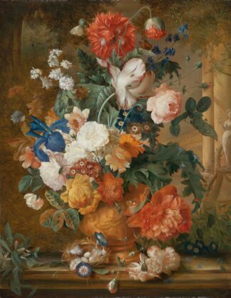 Peonies, Roses, Carnations, An Iris, Anemones, Auricula And Other Flowers In A Terracotta Vase by Mélanie de Comolera