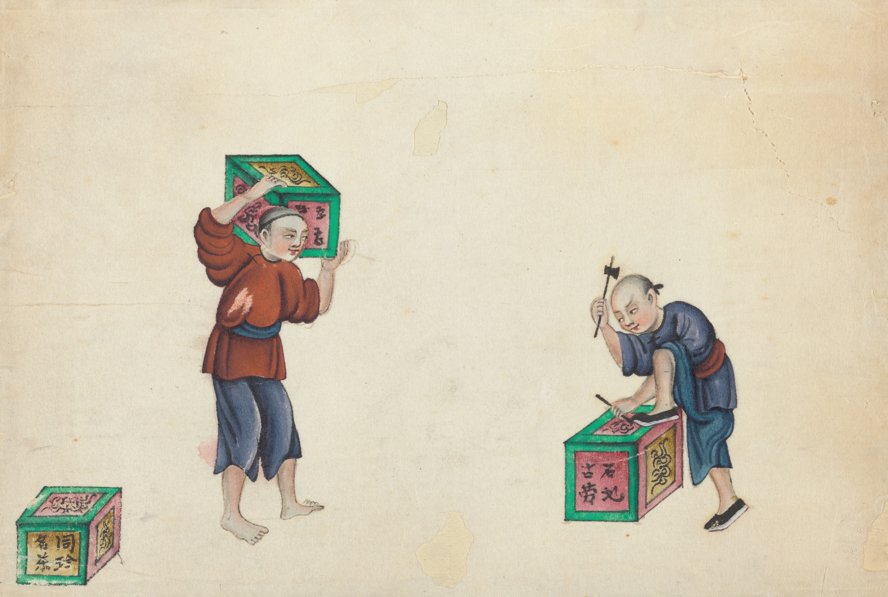 Picking up tea boxes & carrying them away by Anonymous