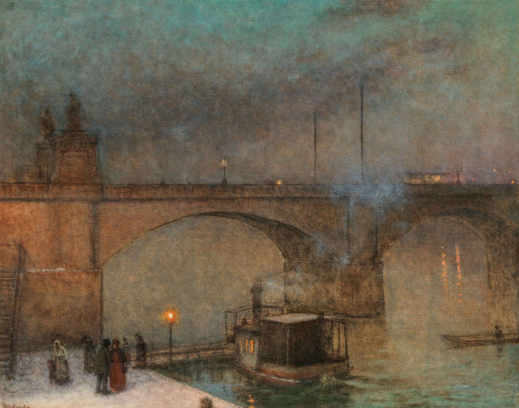 Prague, a Steamboat on the River Vltava in front of Palacky Bridge by Jakub Schikaneder