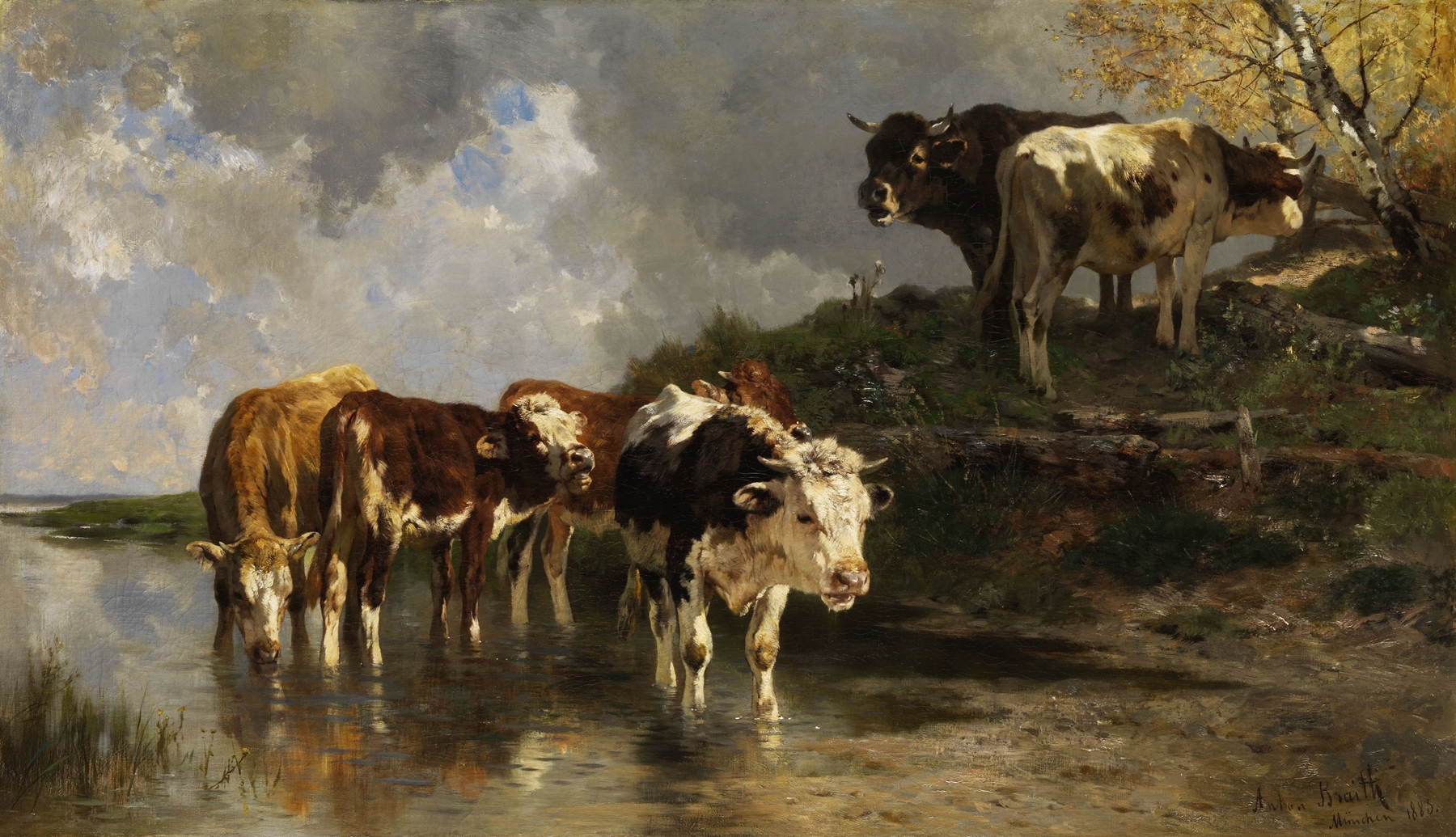 Rinder an der Tränke by Anton Braith