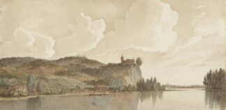 Rivierlandschap met Chokier aan de Maas by Hendrik Abraham Klinkhamer