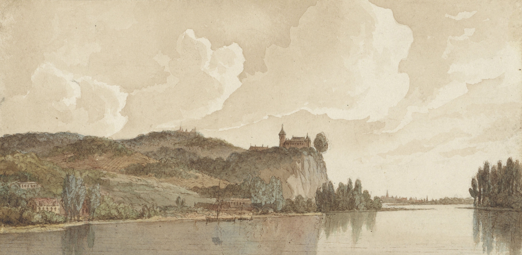 Rivierlandschap met Chokier aan de Maas by Hendrik Abraham Klinkhamer