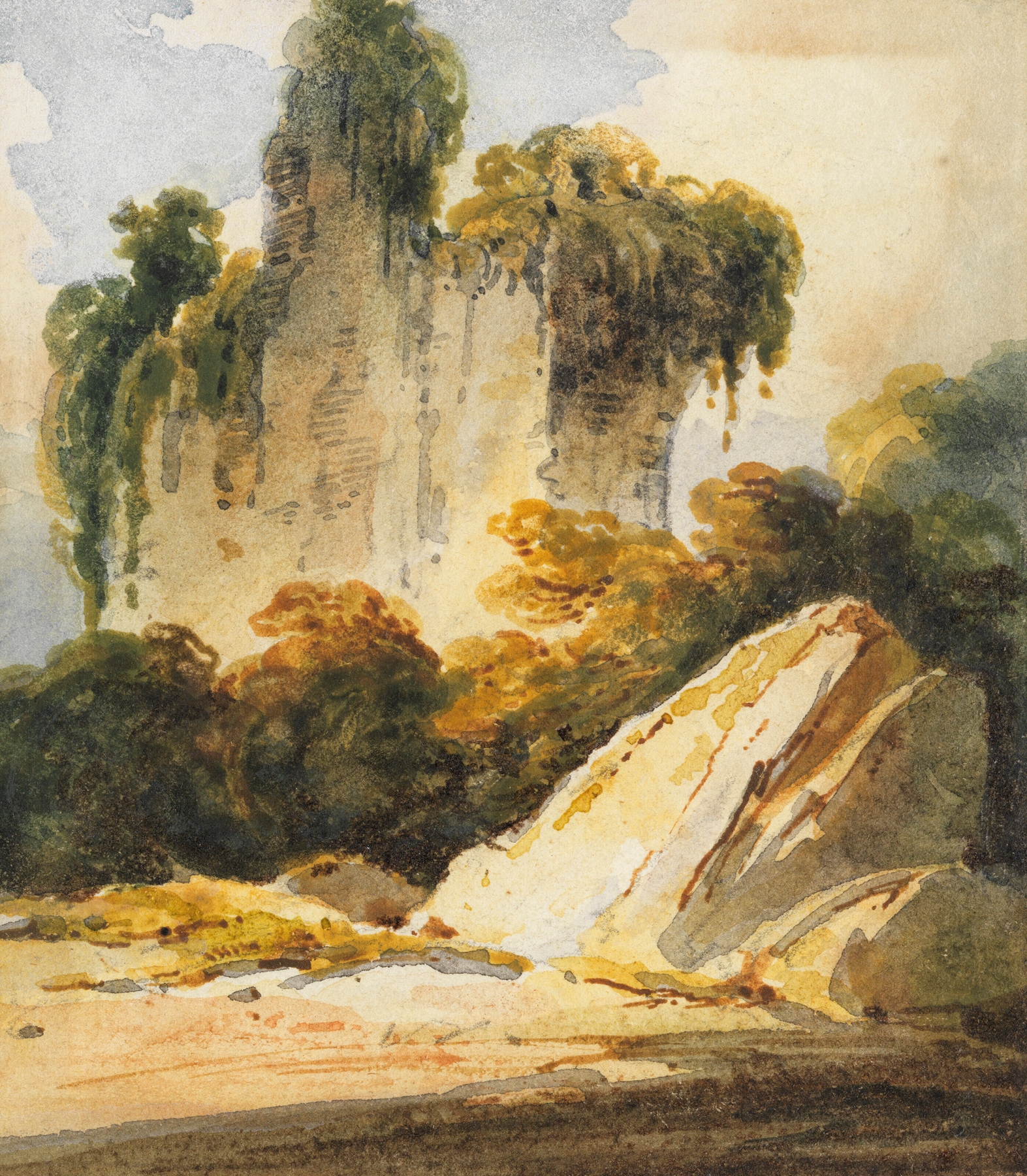 Rocks and overgrown masonry, Bengal by George Chinnery