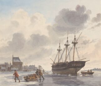 Schip in het ijs op een rivier bij een stad by Hendrik Abraham Klinkhamer