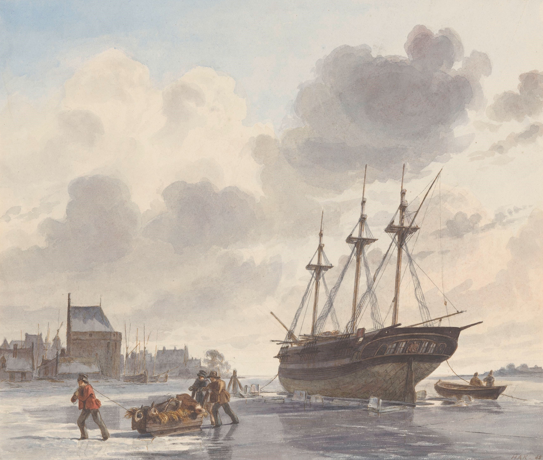 Schip in het ijs op een rivier bij een stad by Hendrik Abraham Klinkhamer