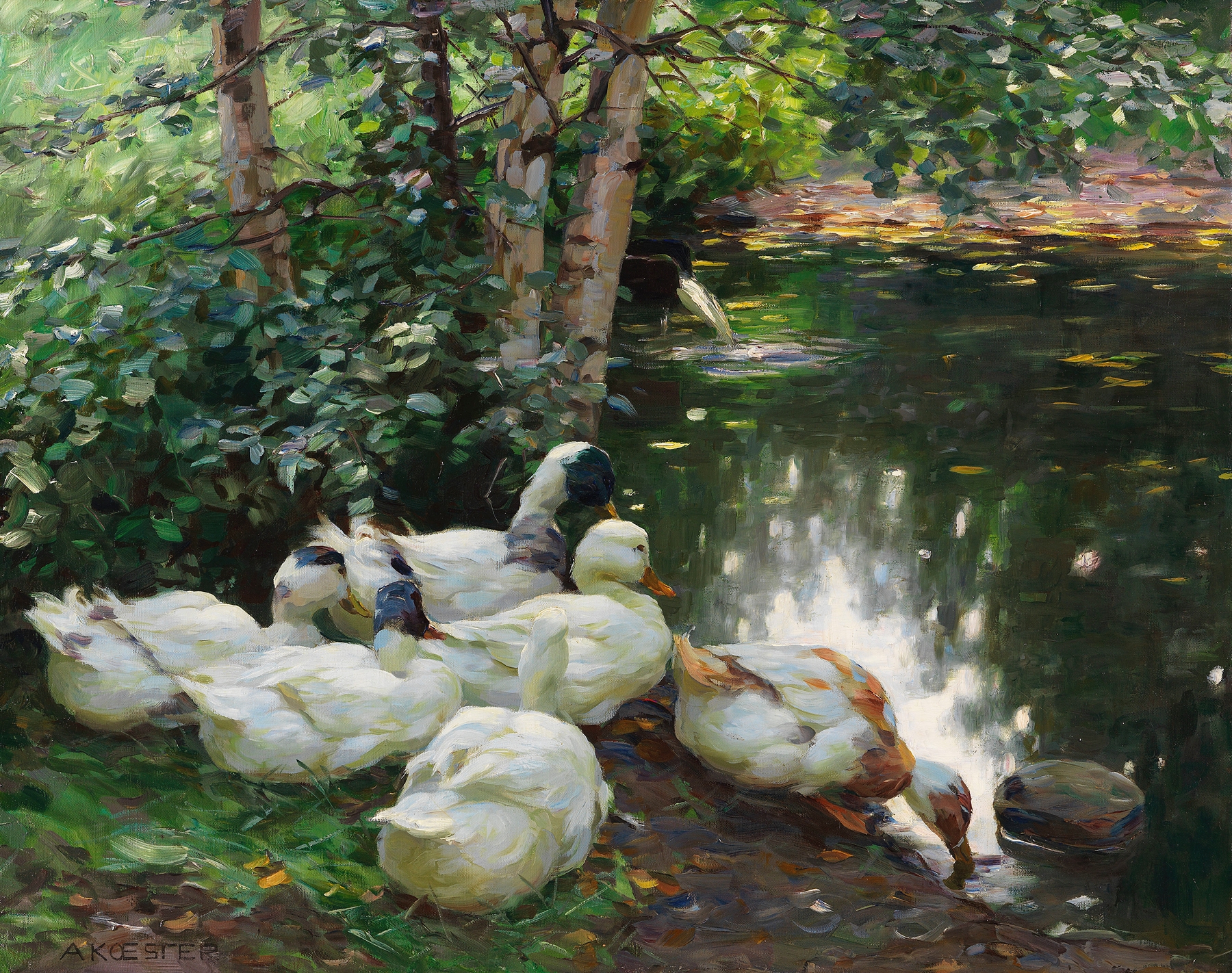 Sechs Enten am Teichufer by Alexander Koester