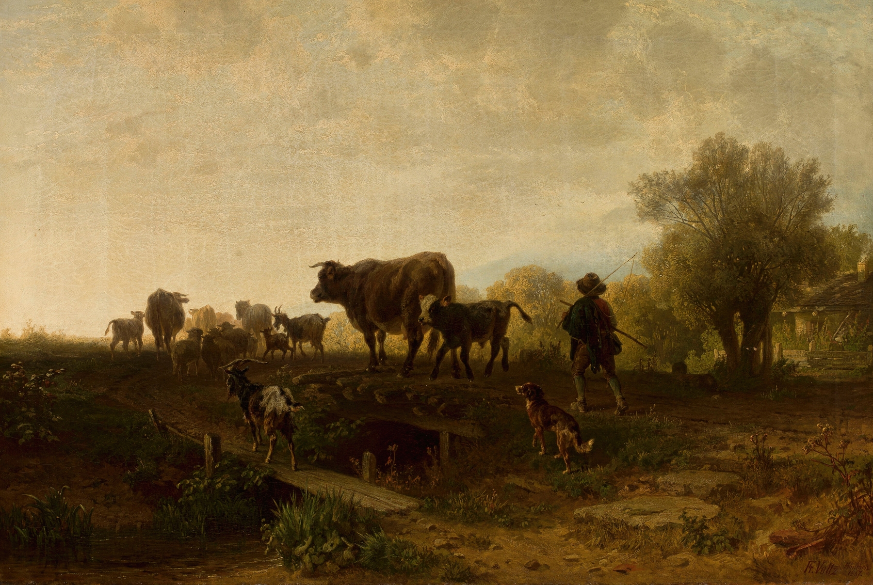 Shepherd with cattle by Friedrich Voltz