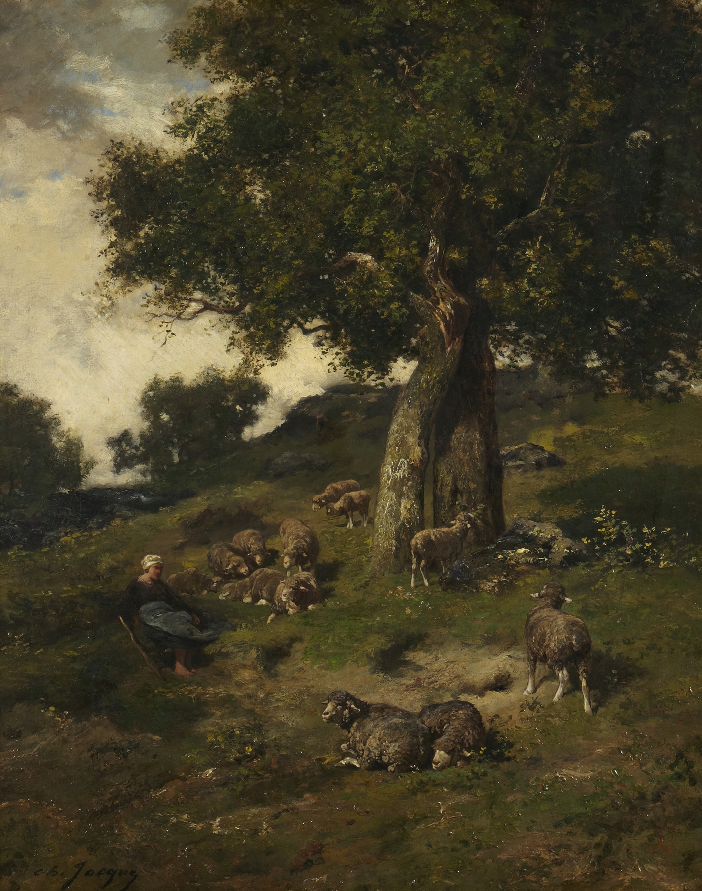 Shepherdess and Sheep by Charles Emile Jacque