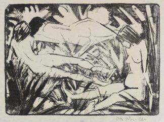 Sitzendes und zwei liegende Mädchen im Gras by Otto Mueller