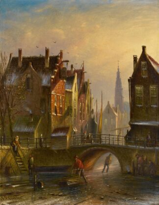 Skaters on a canal in Amsterdam with a view of the Zuiderkerk beyond by Johannes Franciscus Spohler