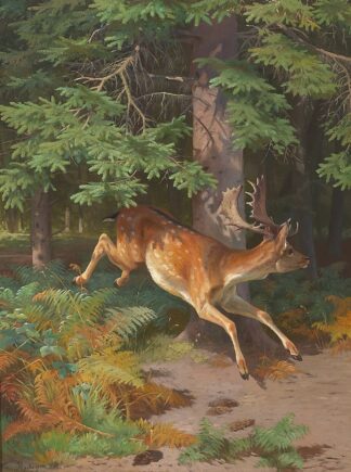 Skovparti med kronvildt i en lysning by Adolf Mackeprang