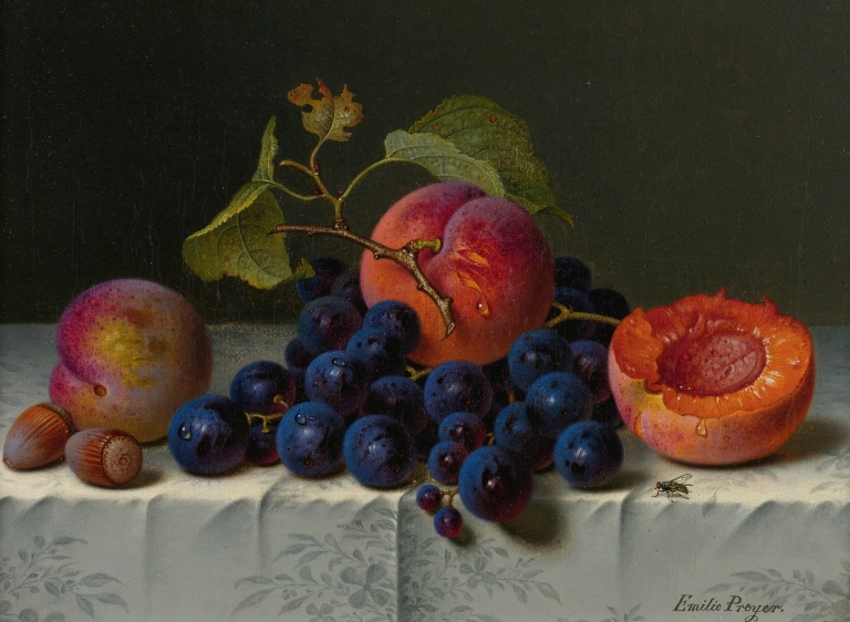 Still Life Of Peaches, Grapes, And Nuts On A Table by Emilie Preyer