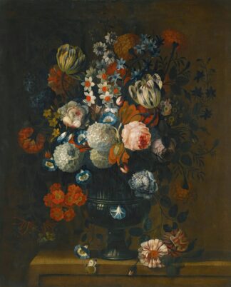 Still Life Of Roses, Variegated Tulips, Peonies, Daffodils And Other Flowers In A Sculpted Vase by Simon Hardimé