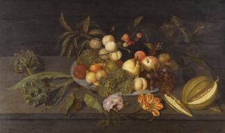 Still Life With Apples, Pears, Grapes And Other Fruits In A Chinese Porcelain Bowl On A Ledge Alongside A Melon by Johannes Bosschaert