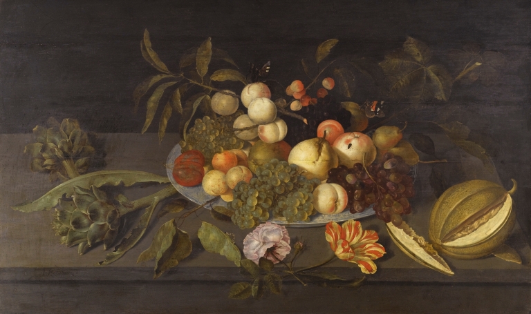 Still Life With Apples, Pears, Grapes And Other Fruits In A Chinese Porcelain Bowl On A Ledge Alongside A Melon by Johannes Bosschaert