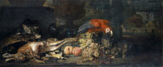 Still Life With Game And Fruits, Parrot, Rabbit And Cat by David de Coninck