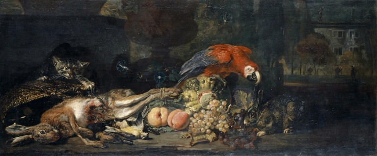 Still Life With Game And Fruits, Parrot, Rabbit And Cat by David de Coninck