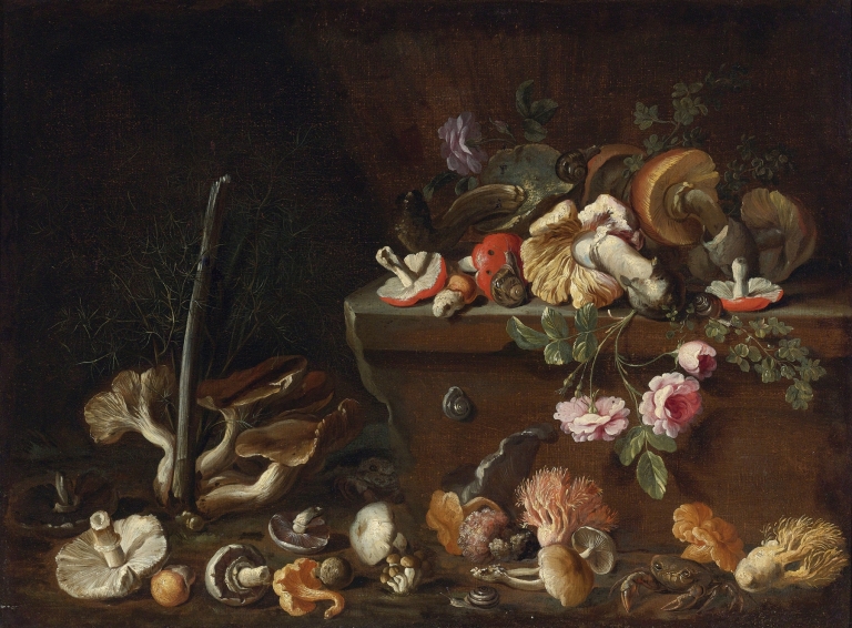 Still Life With Mushrooms And Flowers by Simone Del Tintore