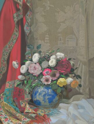 Still life with roses, anemones and chrysanthemums in a Chinese vase by Sergei Chekhonin