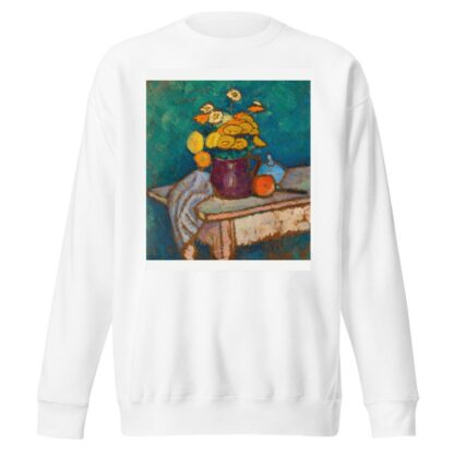 Stillleben mit Tuch, Blumen im Krug, Apfel und Behälter auf Tisch by Alexej von Jawlensky Sweatshirt