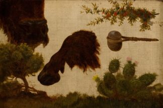 Study for ‘The Wounded Buffalo’; hill sage, buffalo head and hoof, bull berry, stone axe and cactus … by Charles Ferdinand Wimar