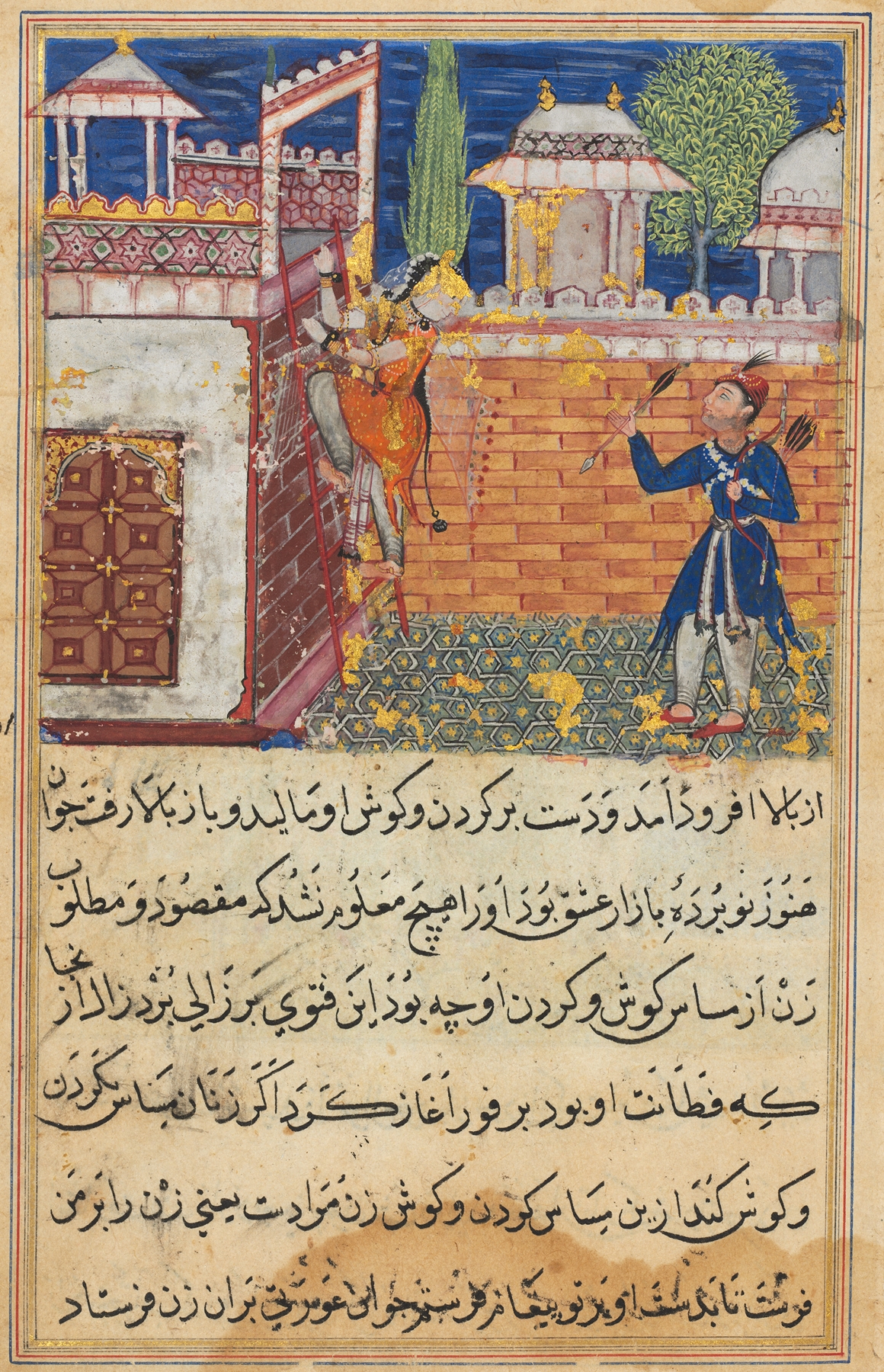 The deceitful wife returns to her terrace after caressing her lover, from a Tuti-nama by Shravana