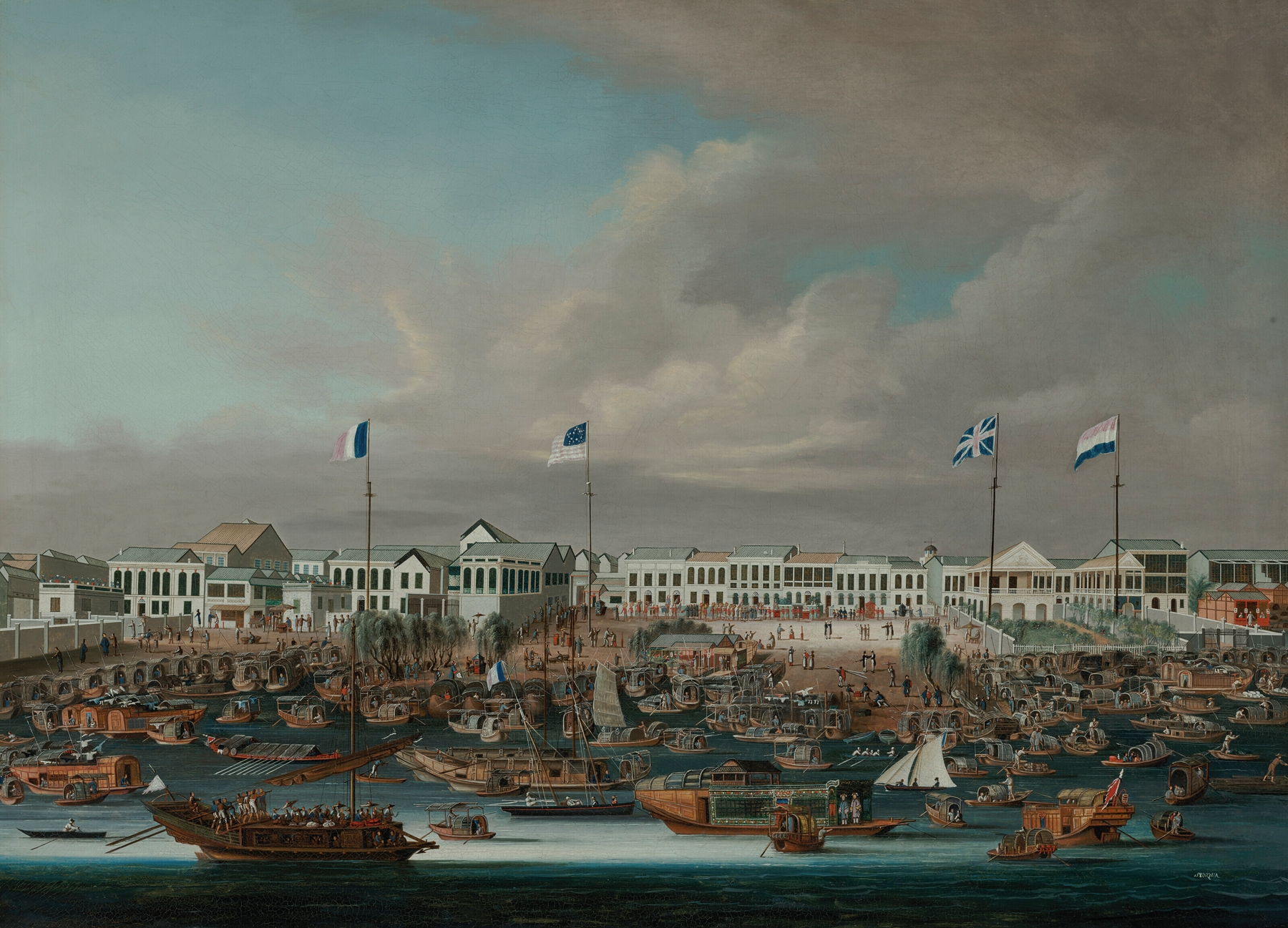 The Hongs of Canton, showing the French, American, British and Dutch flags by Sunqua