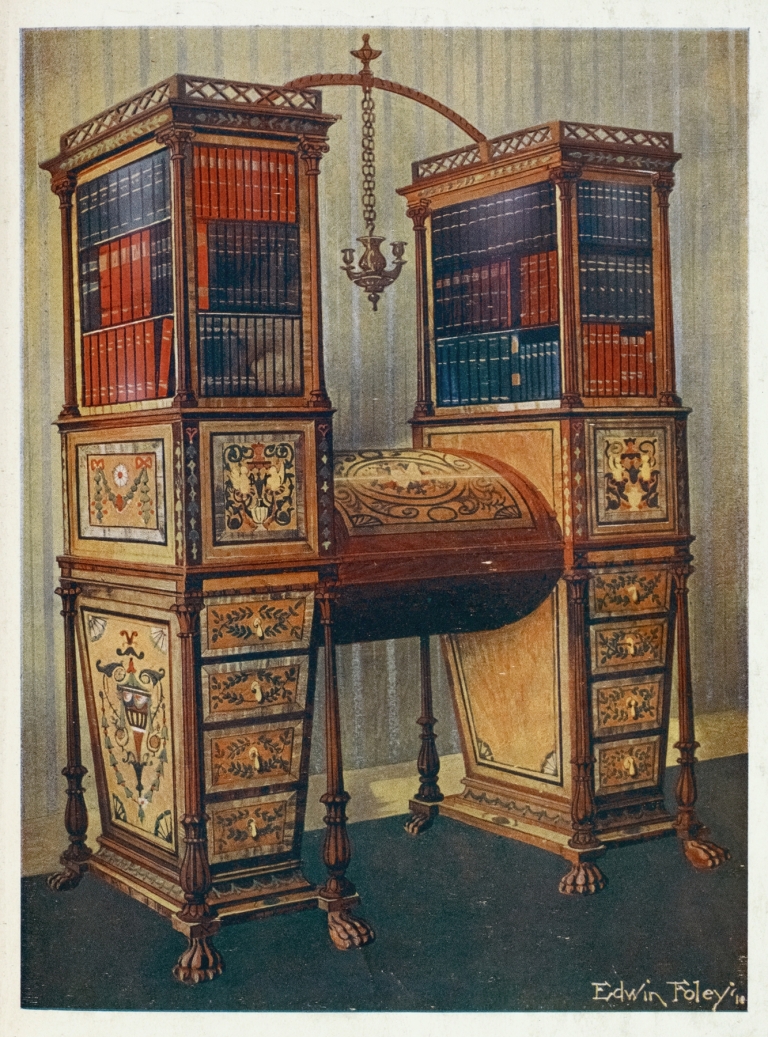 The sisters inlaid double secrétaire and bookcase cabinet by Edwin Foley