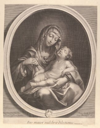 The Virgin seated with the infant Christ sleeping in her lap, in an oval frame, after Reni by Francois de Poilly