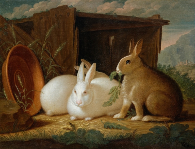 Three rabbits in a landscape by Johann Wenzel Peter