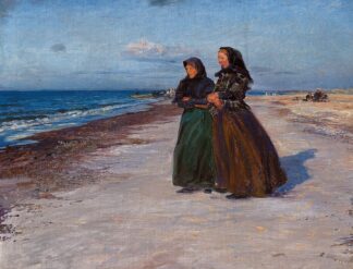 To fiskerkoner ved stranden i blæsevejr, Nordjylland by Knud Larsen Bergslien