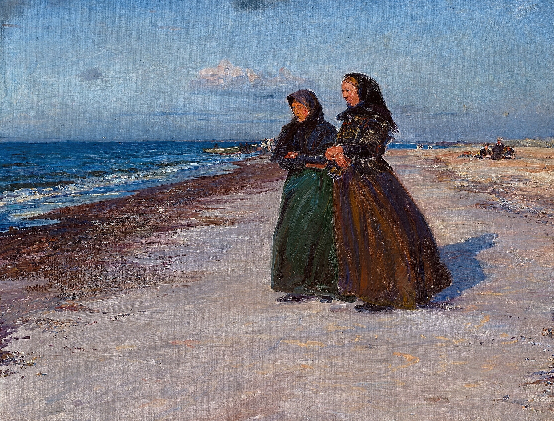 To fiskerkoner ved stranden i blæsevejr, Nordjylland by Knud Larsen Bergslien