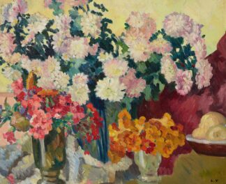 Trois vases de fleurs, assiette de pommes by Louis Valtat