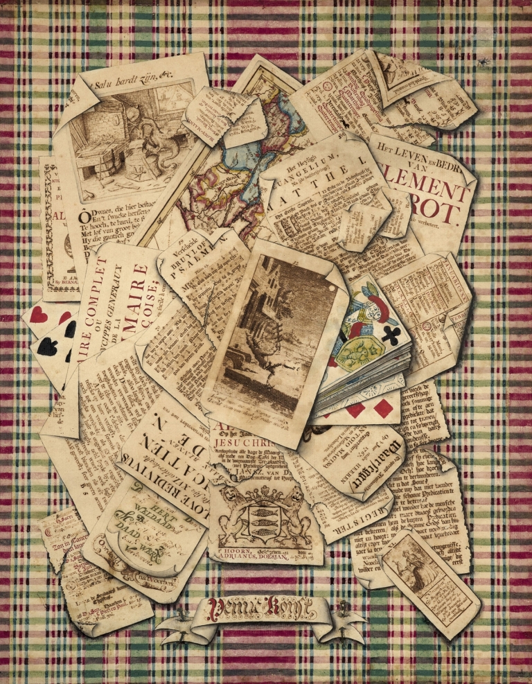 Trompe l’œil of etchings, prints and playing cards by Adriaan Doesjan