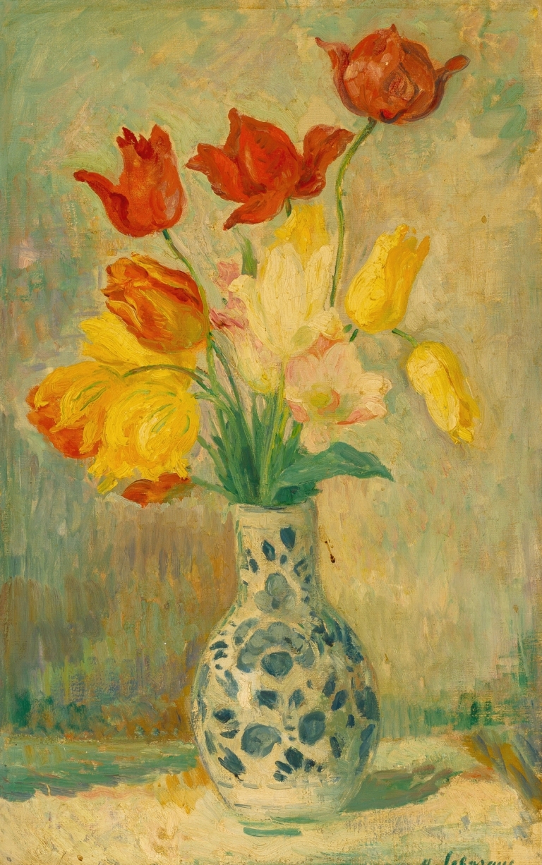 Tulips in a Delftware vase by Henri Lebasque