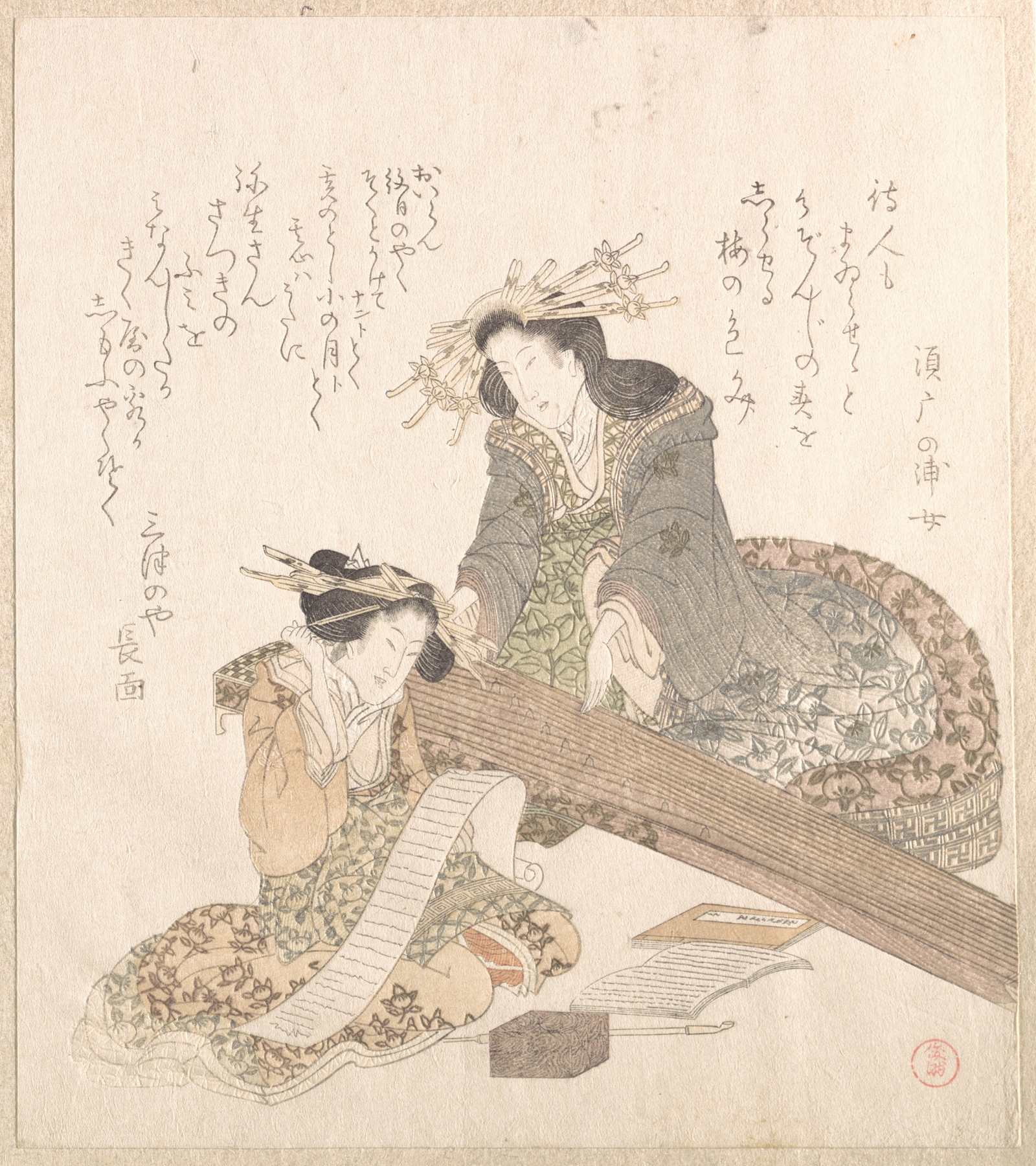Two Courtesans, One Playing a Koto by Kubo Shunman