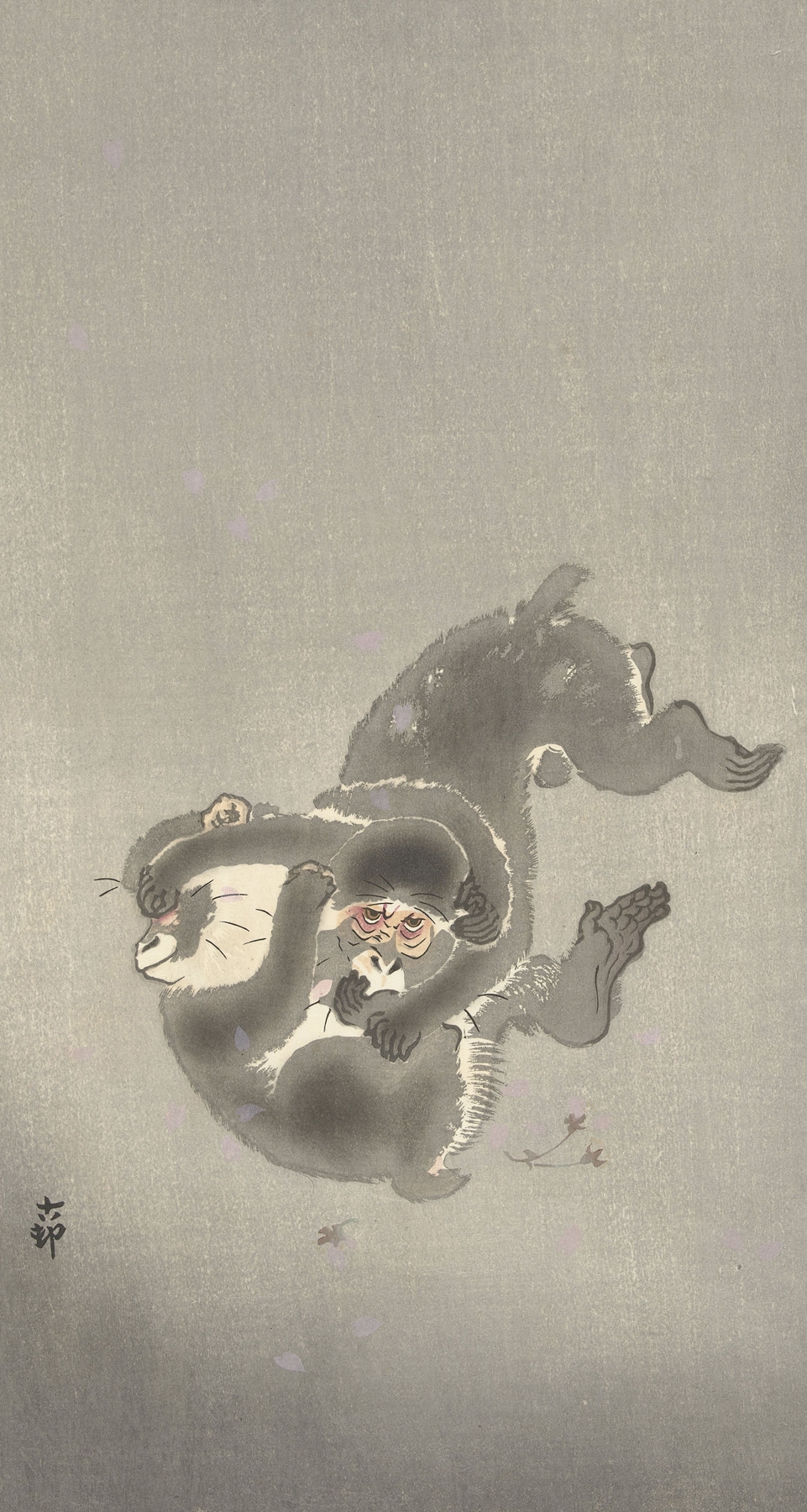 Two monkeys playing by Ohara Koson