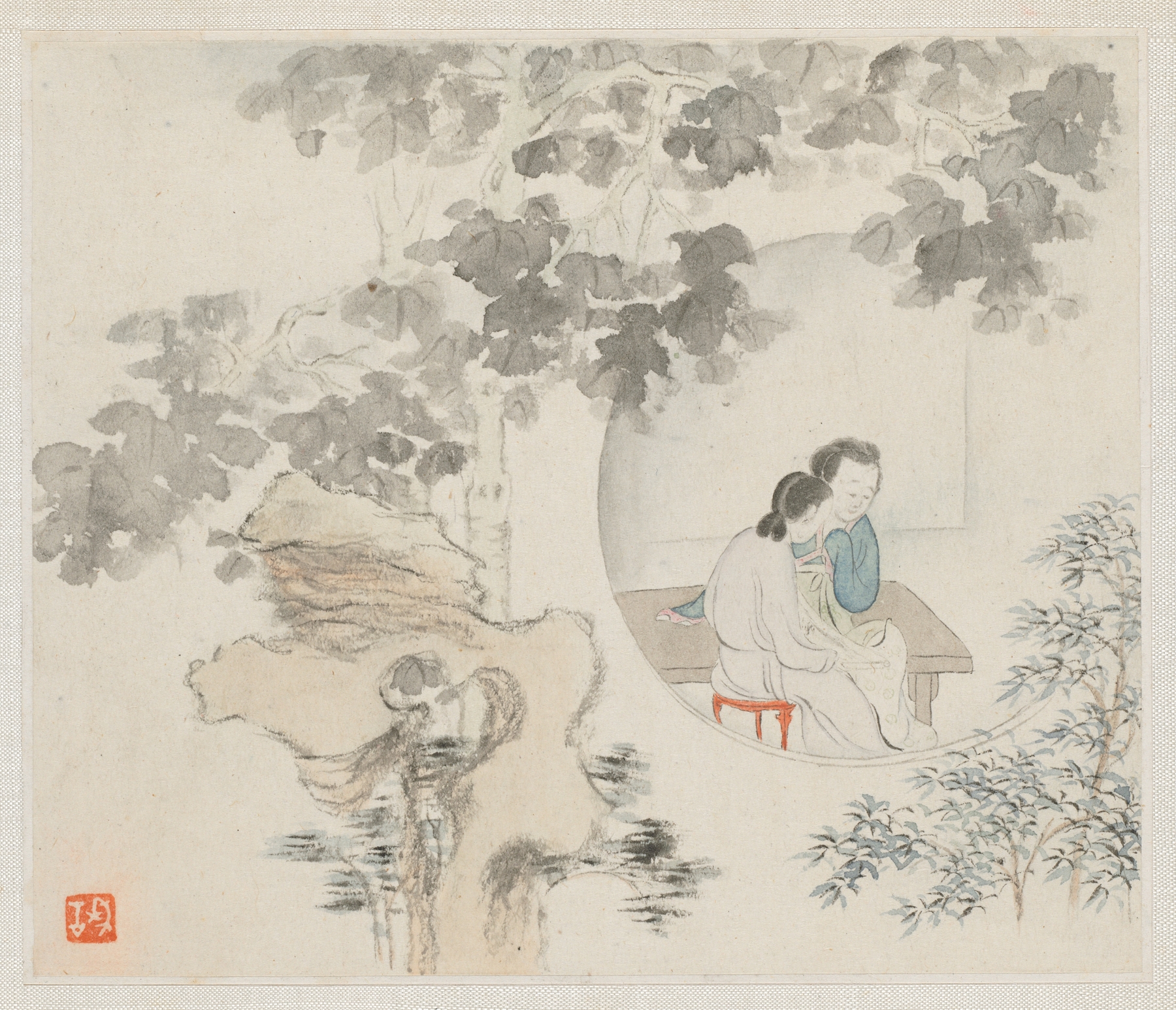 Two Women Sit at a Table within a Circle Visible in a Landscape by Hua Yan