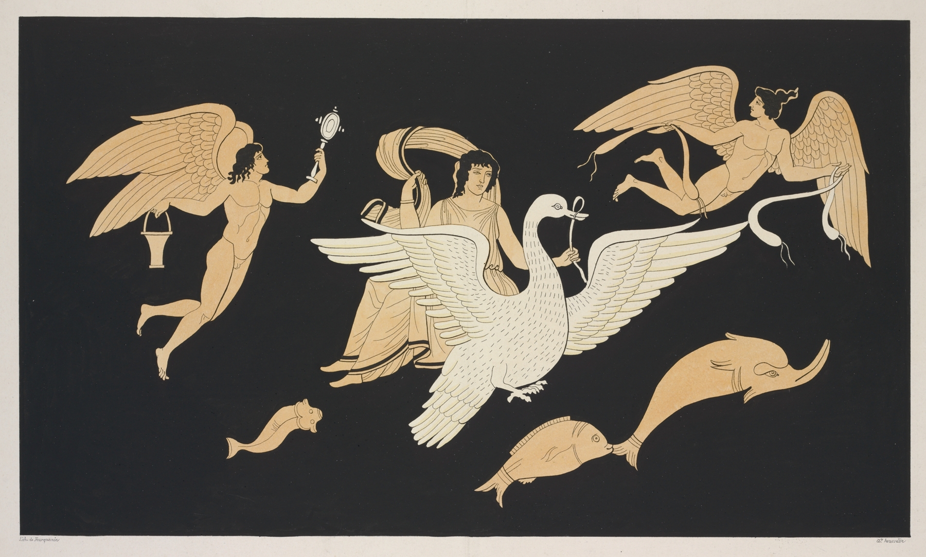 Venus seated on a swan and accompanied by two hermaphrodites. by Alexis Louis Pierre Housselin