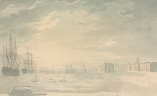 View of Portsmouth Harbor with Shipping, Showing Buildings on Shore by George Bulteel Fisher